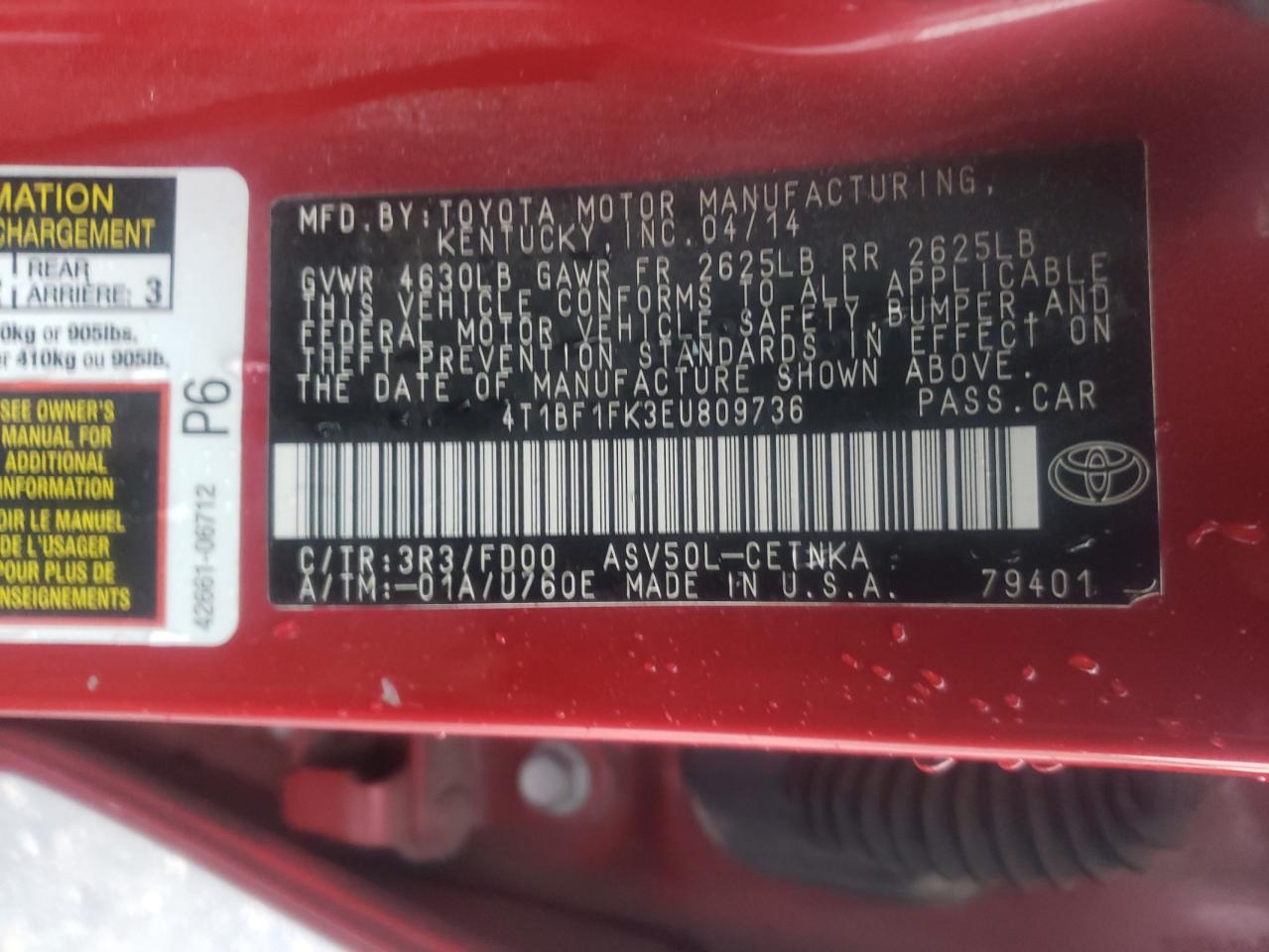 Photo 10 from auction – 2014 TOYOTA CAMRY L with VIN 4T1BF1FK3EU809736