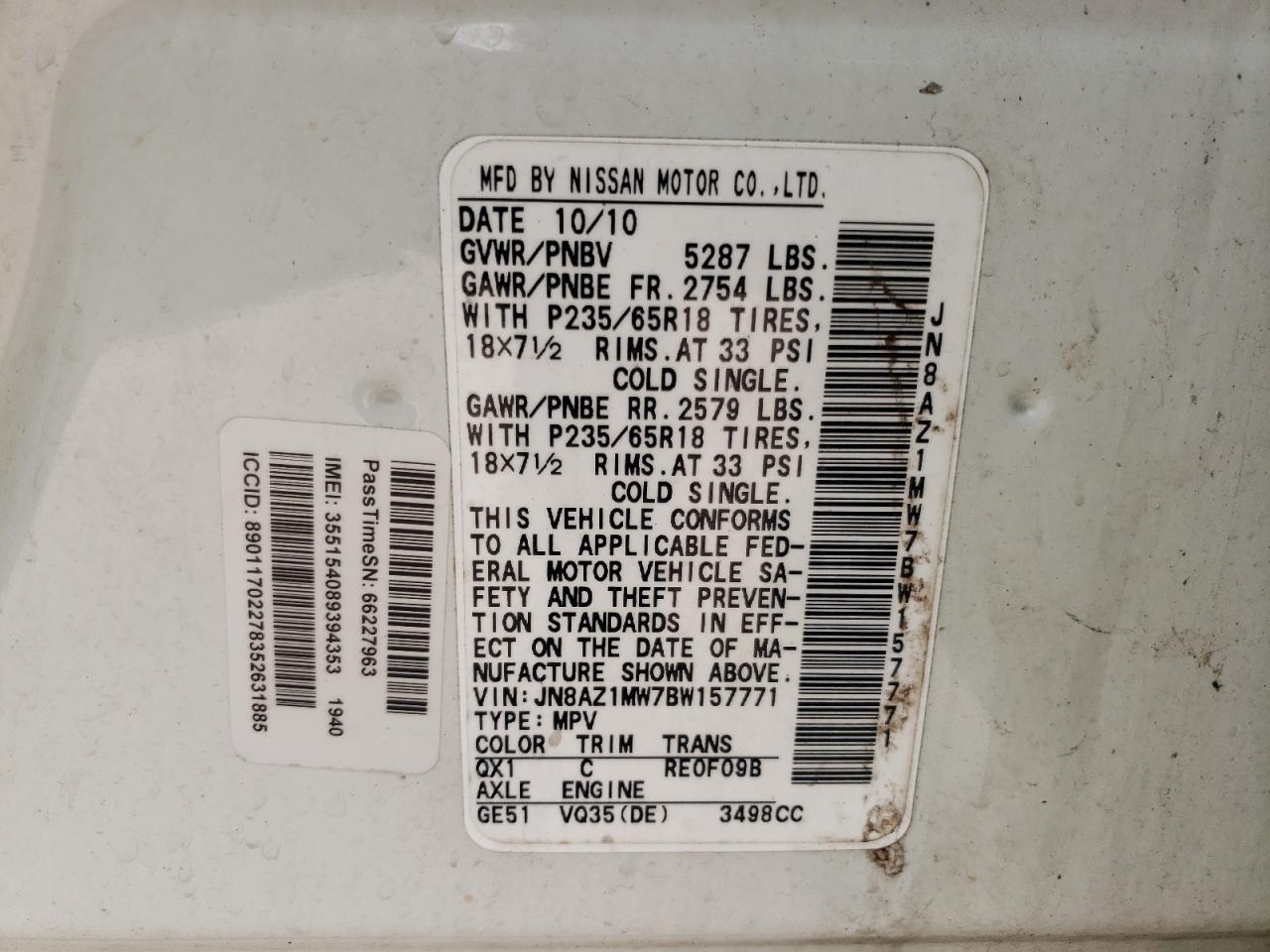Photo 10 from auction – 2011 NISSAN MURANO S with VIN JN8AZ1MW7BW157771