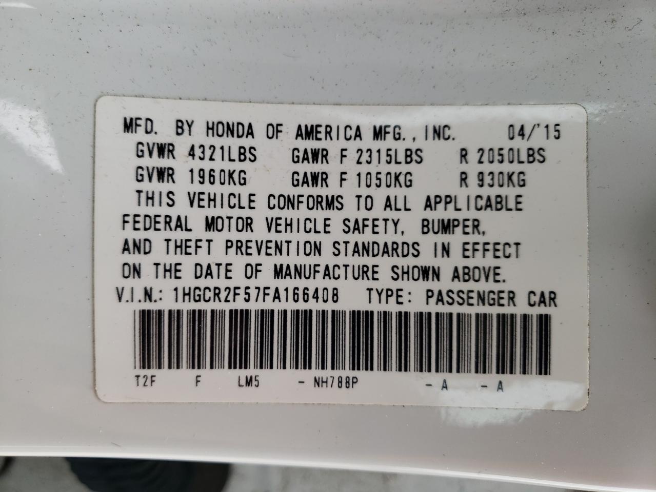 Photo 10 from auction – 2015 HONDA ACCORD SPO with VIN 1HGCR2F57FA166408