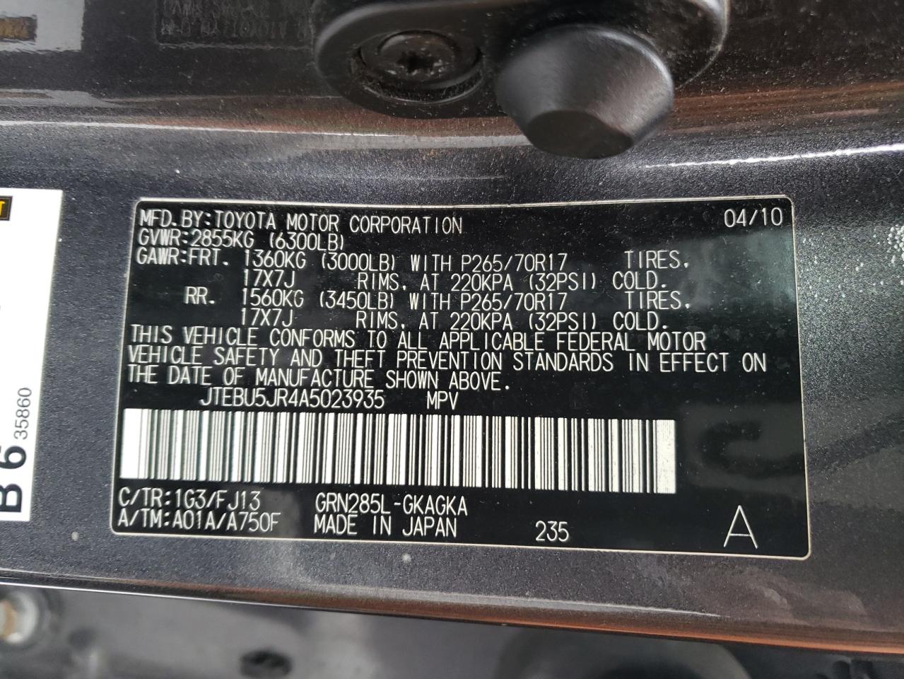 Photo 10 from auction – 2010 TOYOTA 4RUNNER SR with VIN JTEBU5JR4A5023935