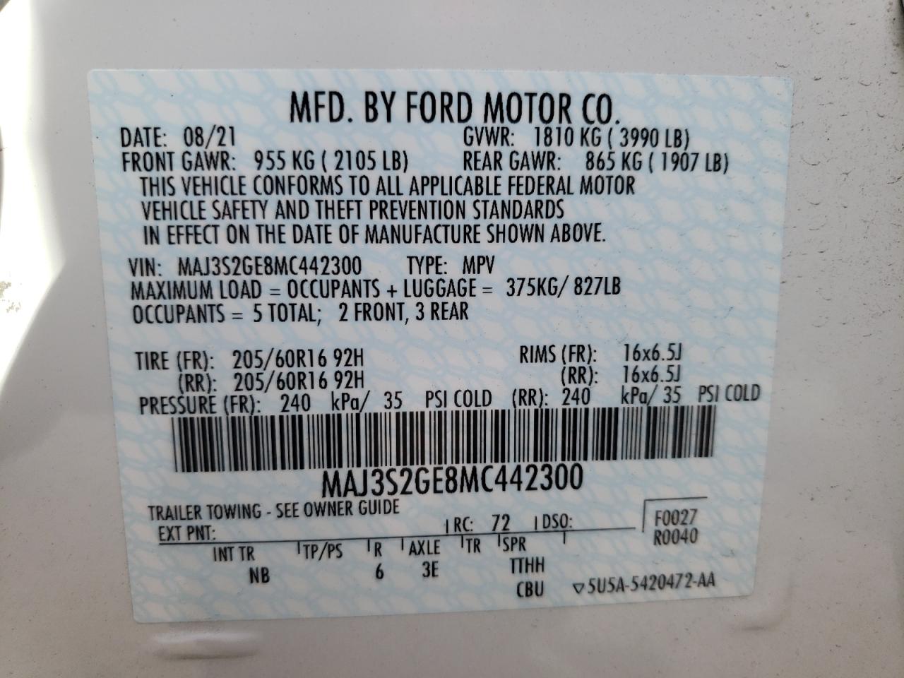 Photo 10 from auction – 2021 FORD ECOSPORT S with VIN MAJ3S2GE8MC442300
