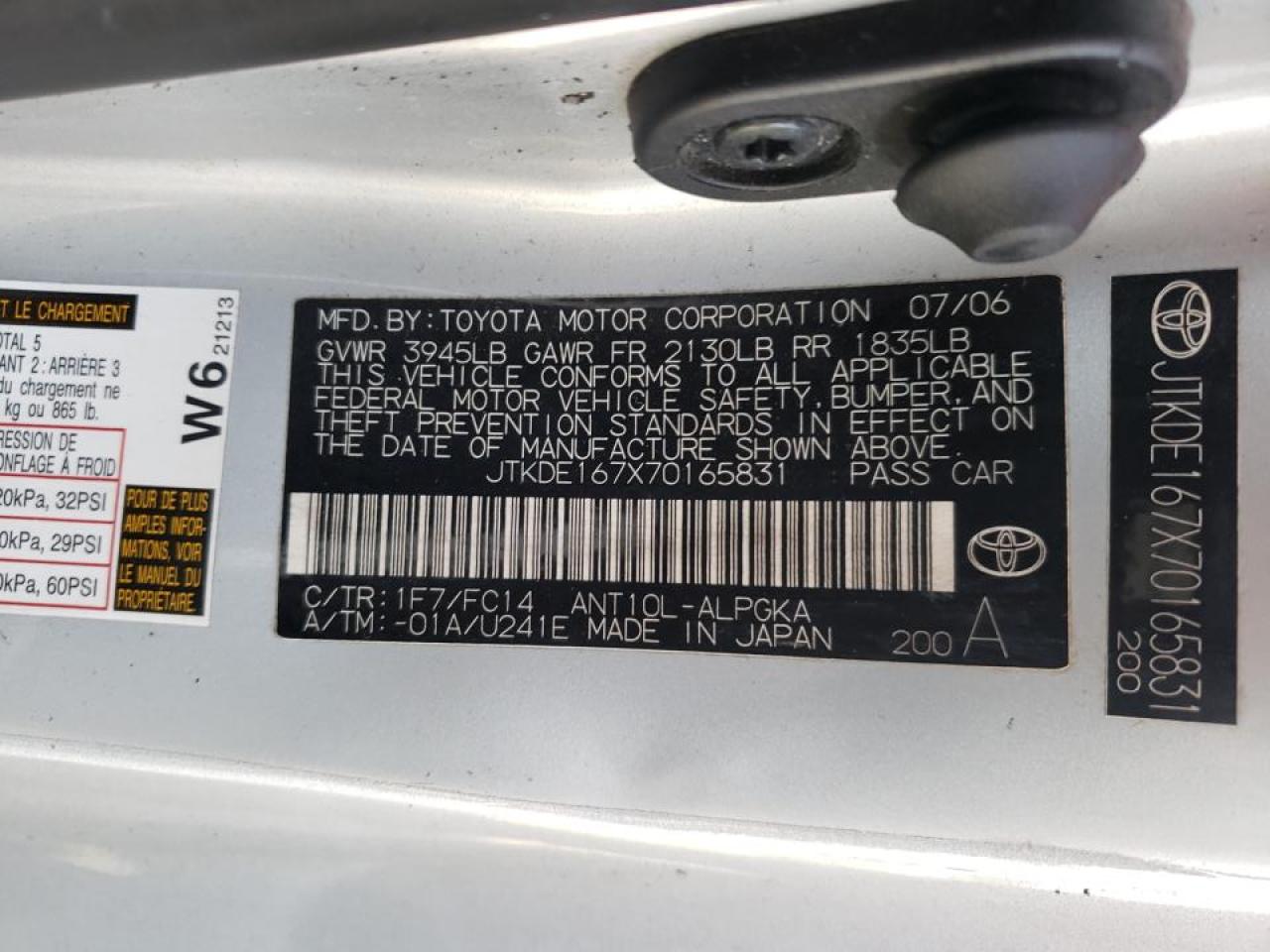 Photo 10 from auction – 2007 TOYOTA SCION TC with VIN JTKDE167X70165831