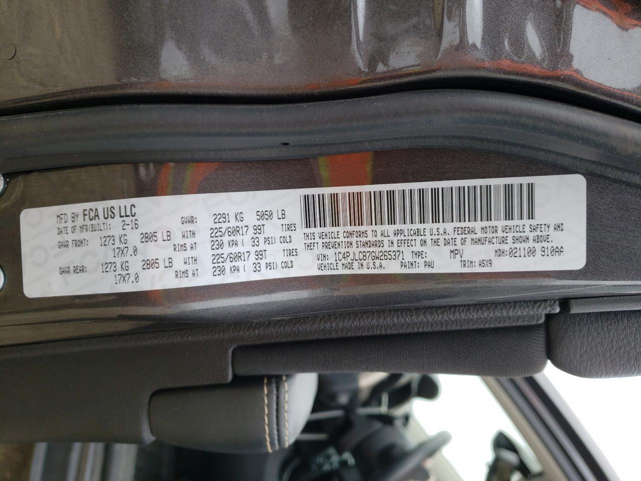 Photo 10 from auction – 2016 JEEP CHEROKEE L with VIN 1C4PJLCB7GW265371