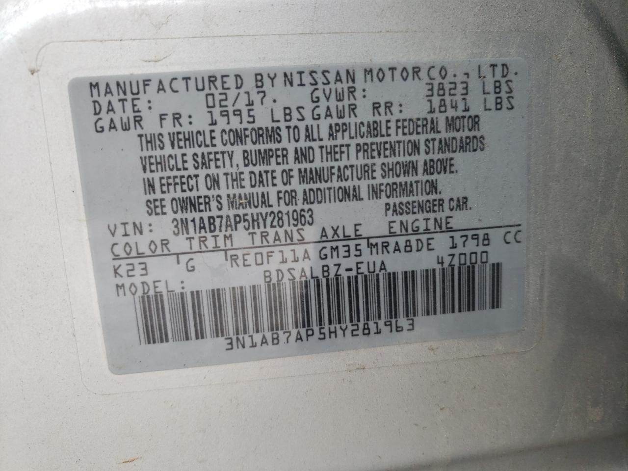 Photo 10 from auction – 2017 NISSAN SENTRA S/S with VIN 3N1AB7AP5HY281963