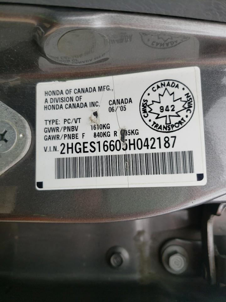Photo 10 from auction – 2005 HONDA CIVIC LX with VIN 2HGES16605H042187