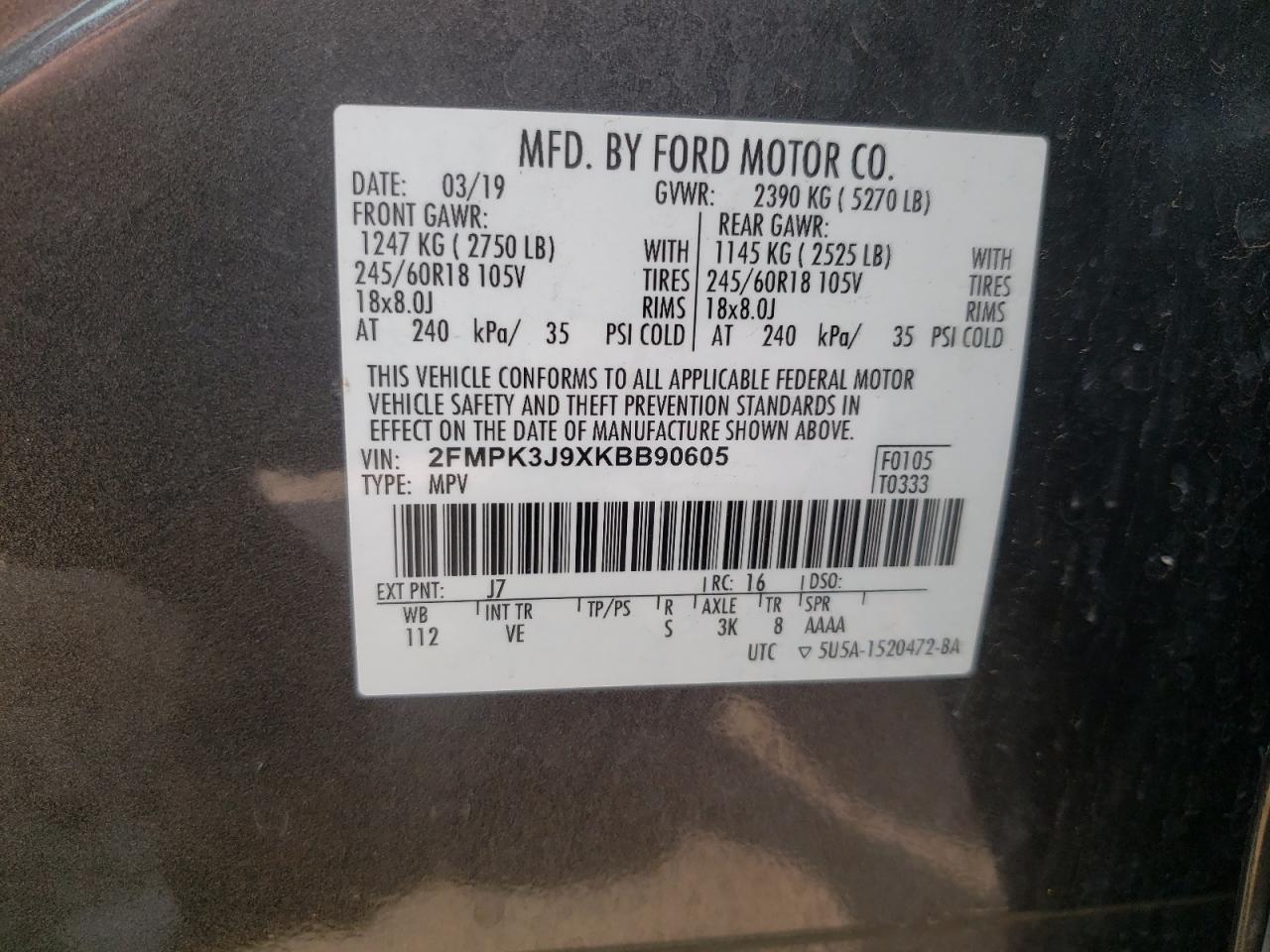 Photo 10 from auction – 2019 FORD EDGE SEL with VIN 2FMPK3J9XKBB90605