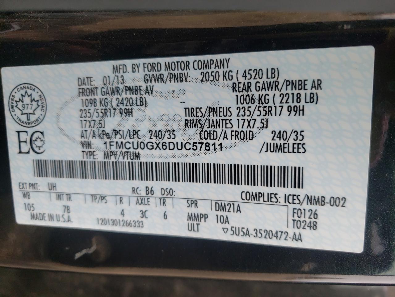 Photo 10 from auction – 2013 FORD ESCAPE SE with VIN 1FMCU0GX6DUC57811
