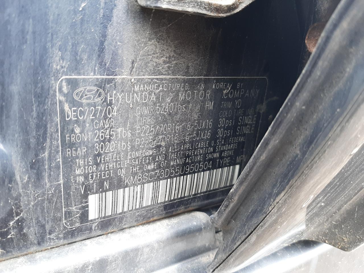 Photo 10 from auction – 2005 HYUNDAI SANTA FE G with VIN KM8SC73D55U950504