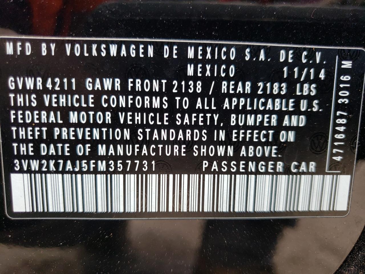 Photo 20 from auction – 2015 VOLKSWAGEN JETTA BASE with VIN 3VW2K7AJ5FM357731