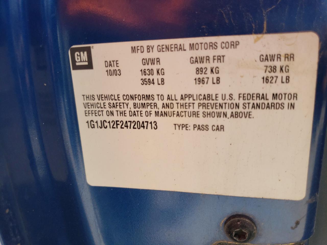 Photo 10 from auction – 2004 CHEVROLET CAVALIER with VIN 1G1JC12F247204713