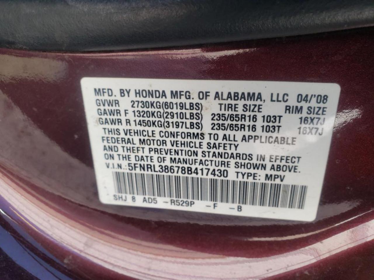 Photo 10 from auction – 2008 HONDA ODYSSEY EX with VIN 5FNRL38678B417430