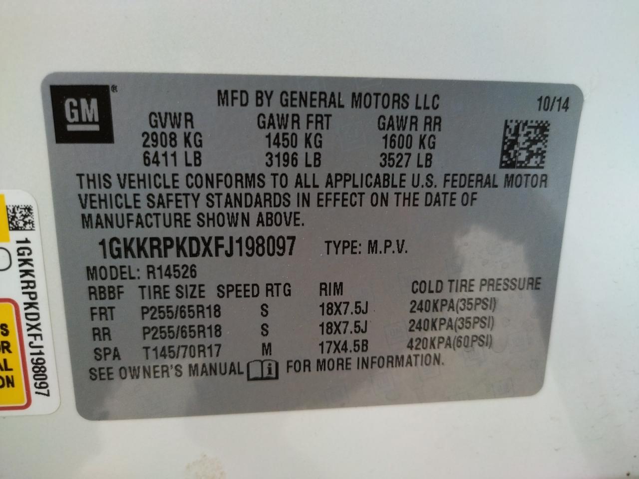 Photo 10 from auction – 2015 GMC ACADIA SLE with VIN 1GKKRPKDXFJ198097