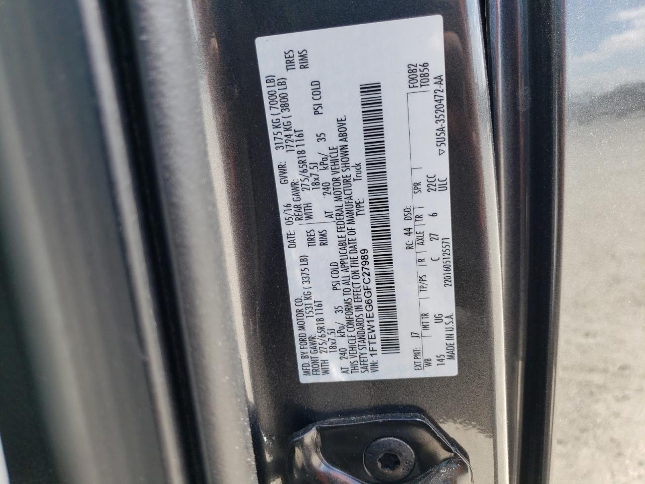 Photo 10 from auction – 2016 FORD F150 SUPER with VIN 1FTEW1EG6GFC27989