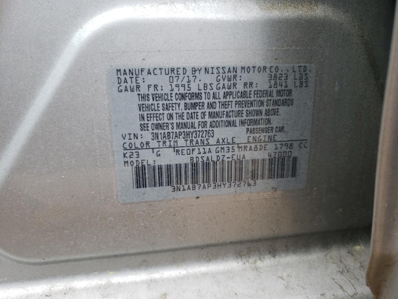 Photo 10 from auction – 2017 NISSAN SENTRA S with VIN 3N1AB7AP3HY372763