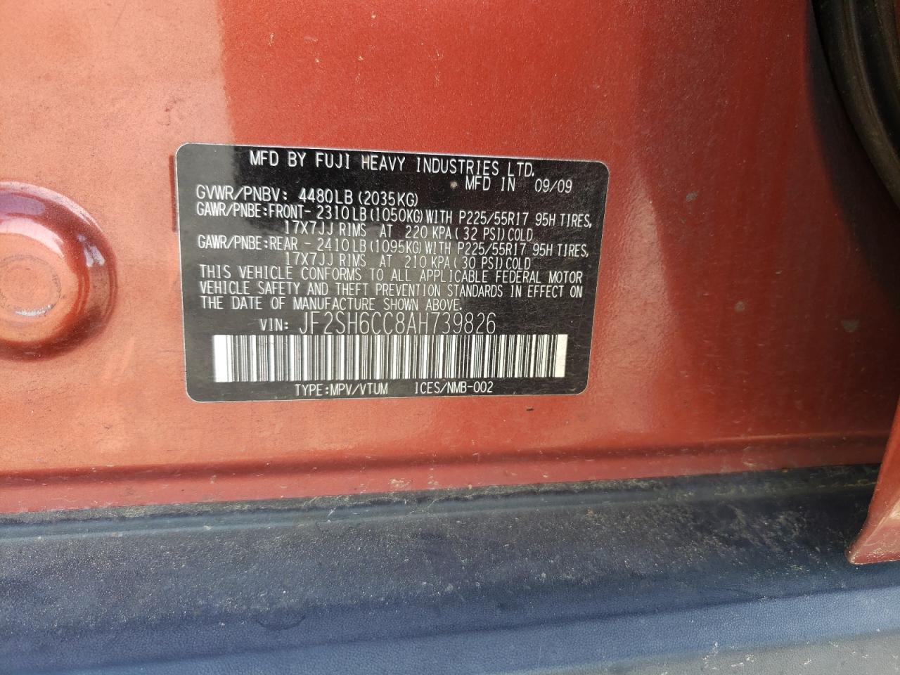 Photo 10 from auction – 2010 SUBARU FORESTER 2 with VIN JF2SH6CC8AH739826