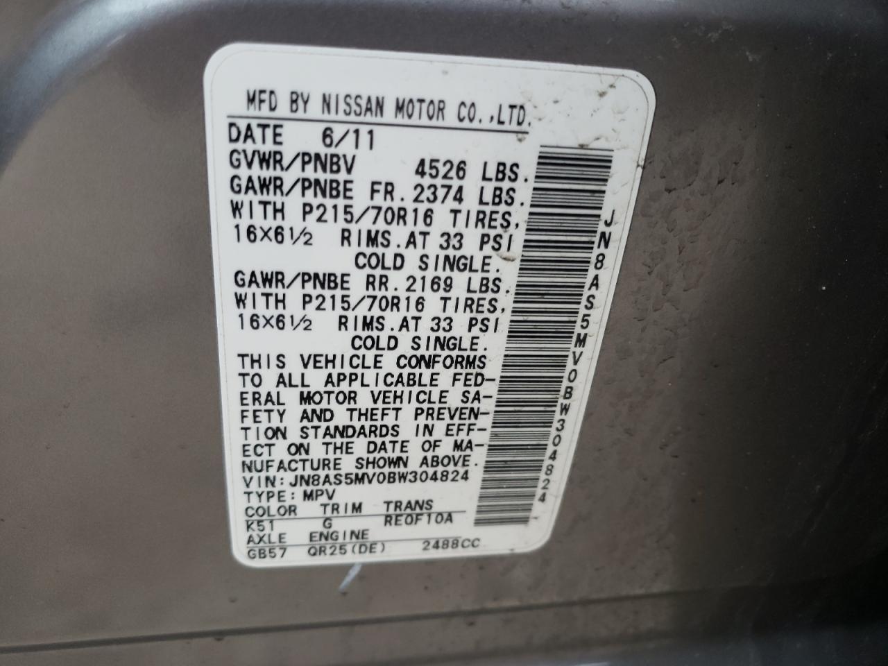 Photo 10 from auction – 2011 NISSAN ROGUE S with VIN JN8AS5MV0BW304824
