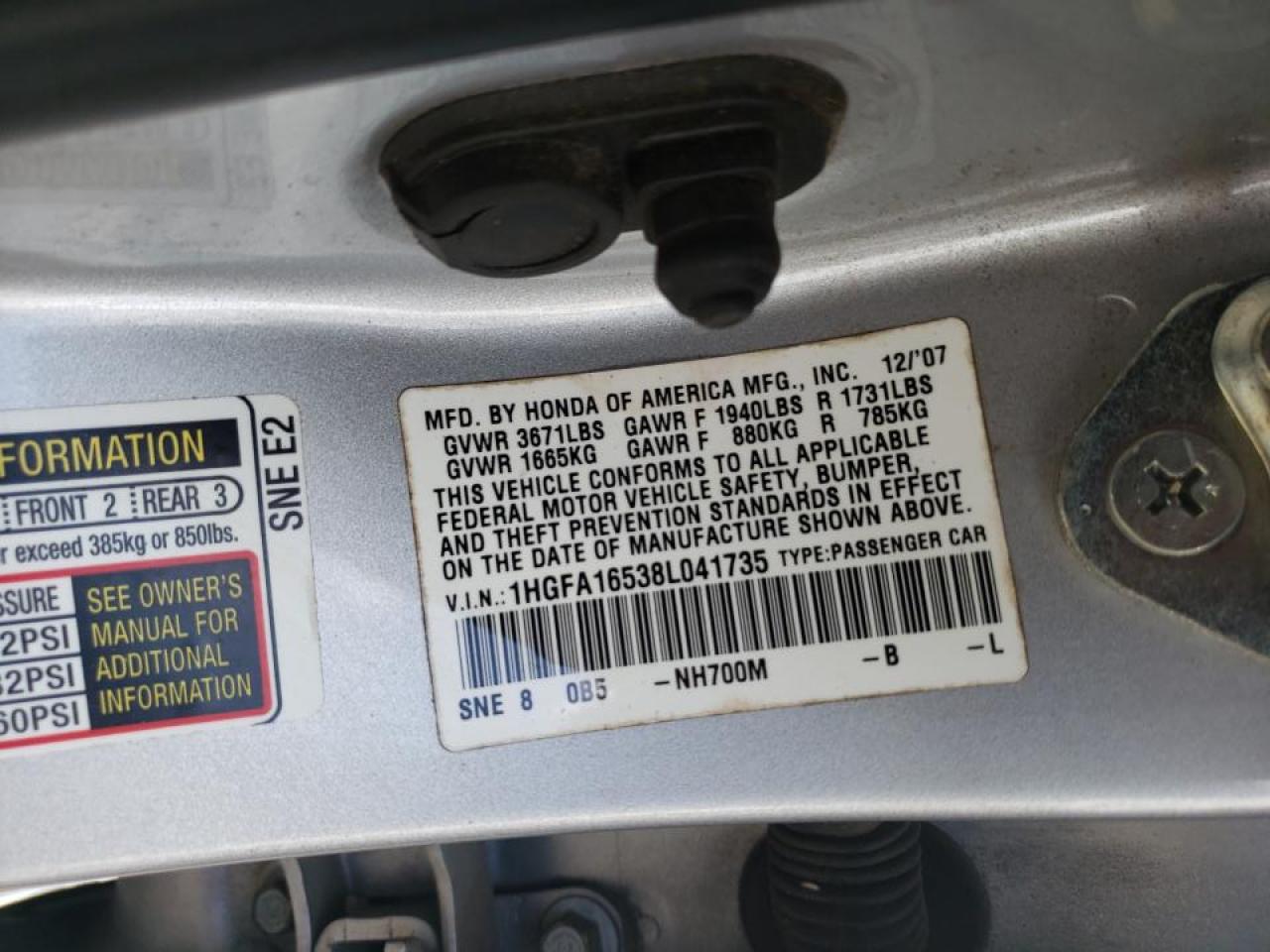 Photo 10 from auction – 2008 HONDA CIVIC LX with VIN 1HGFA16538L041735