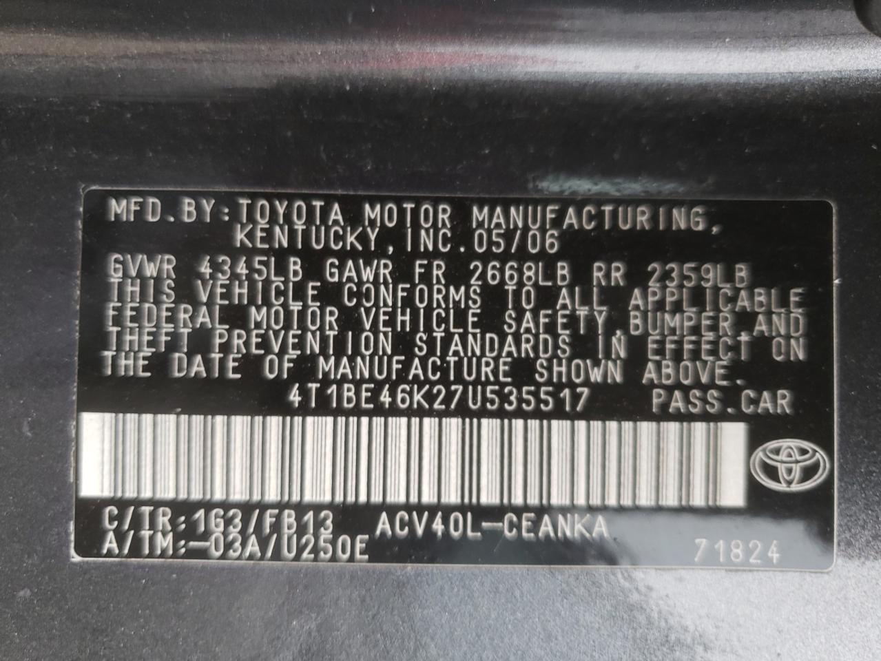 Photo 10 from auction – 2007 TOYOTA CAMRY LE A with VIN 4T1BE46K27U535517
