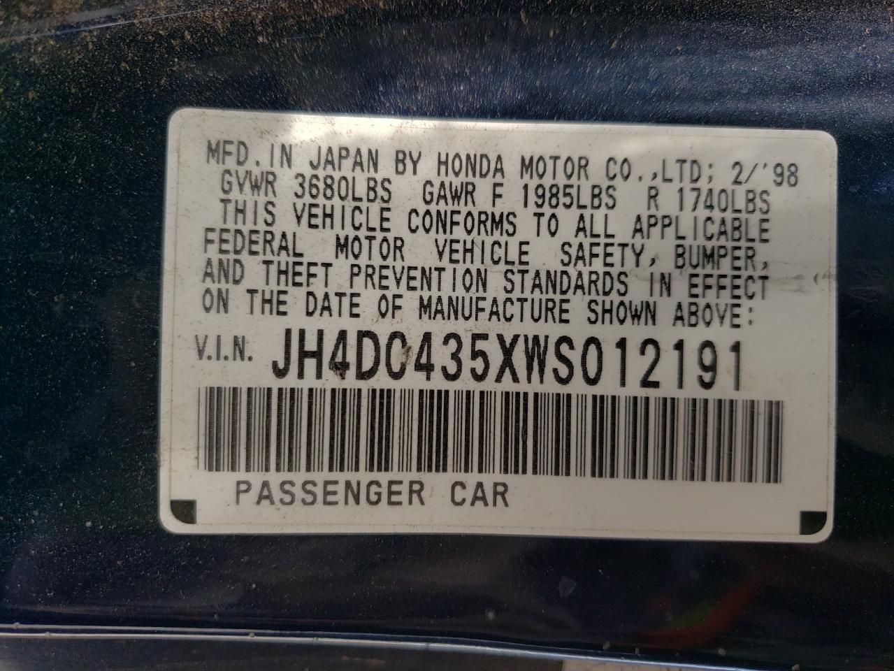 Photo 10 from auction – 1998 ACURA INTEGRA LS with VIN JH4DC435XWS012191