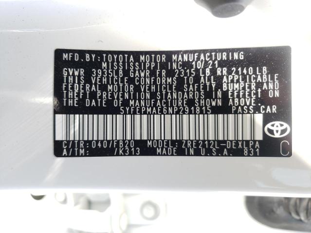Photo 10 from auction – 2022 TOYOTA COROLLA LE with VIN 5YFEPMAE6NP291815