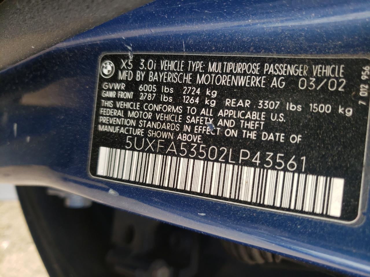 Photo 10 from auction – 2002 BMW X5 3.0I with VIN 5UXFA53502LP43561