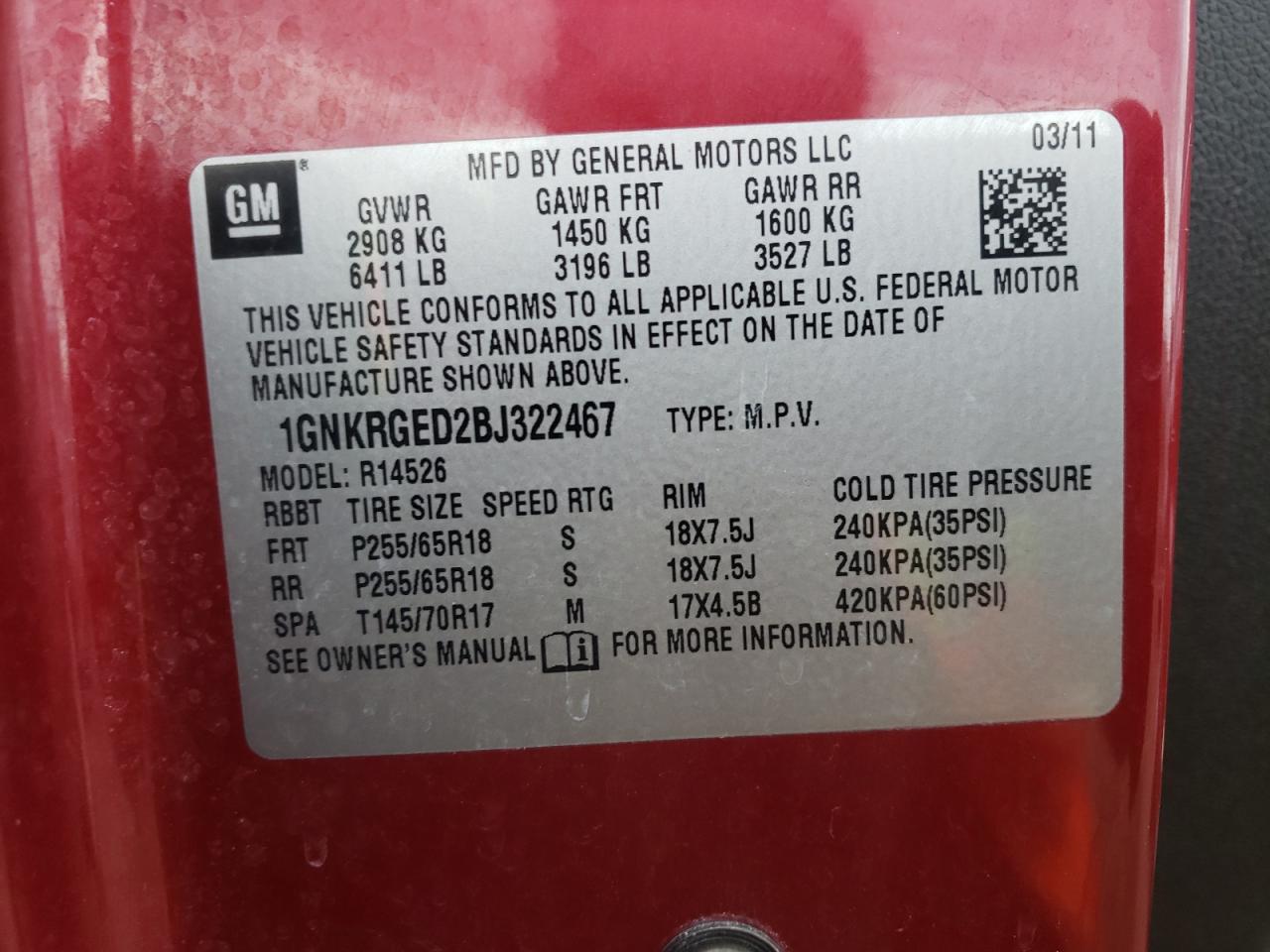 Photo 10 from auction – 2011 CHEVROLET TRAVERSE L with VIN 1GNKRGED2BJ322467