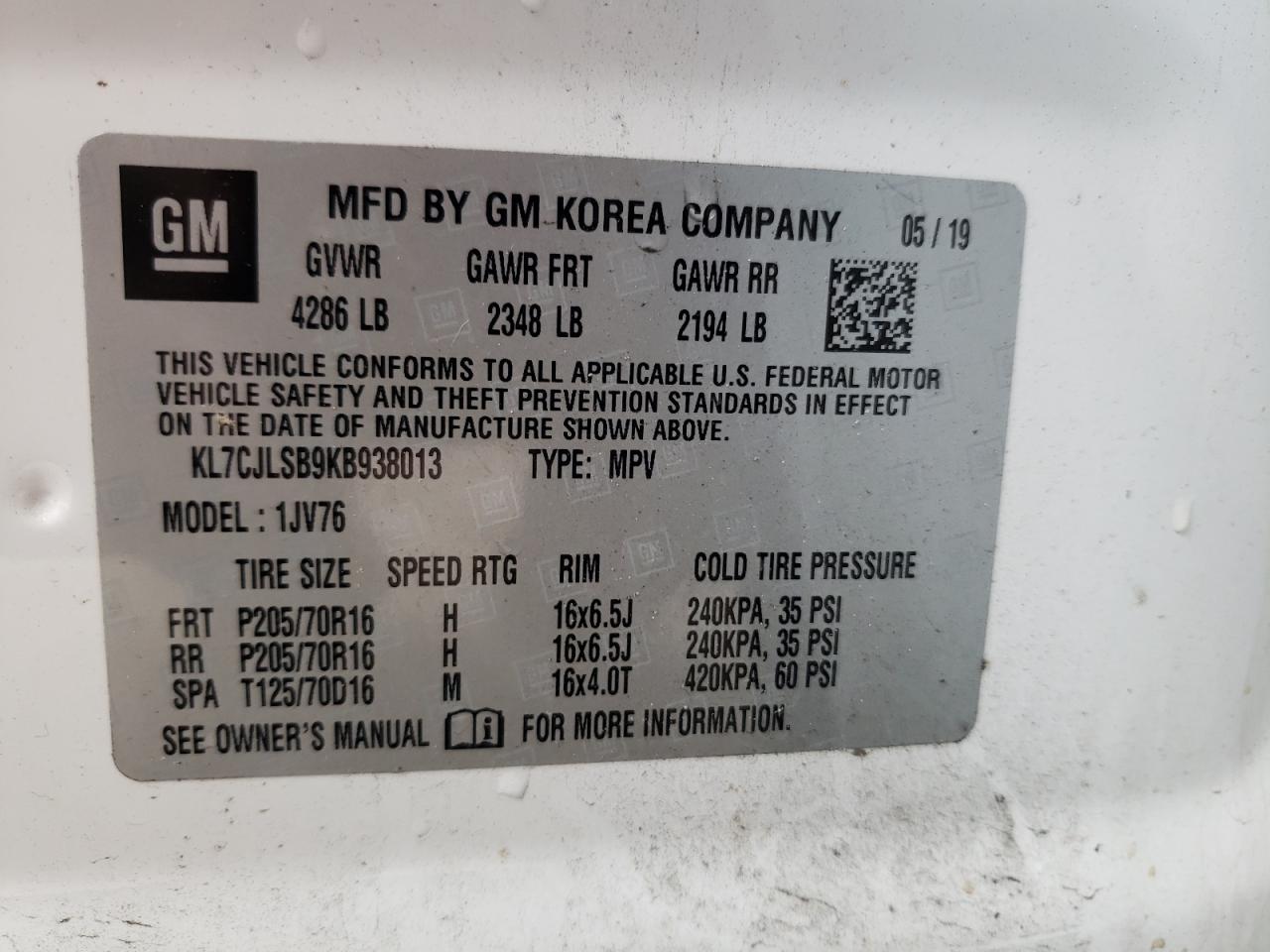 Photo 10 from auction – 2019 CHEVROLET TRAX 1LT with VIN KL7CJLSB9KB938013