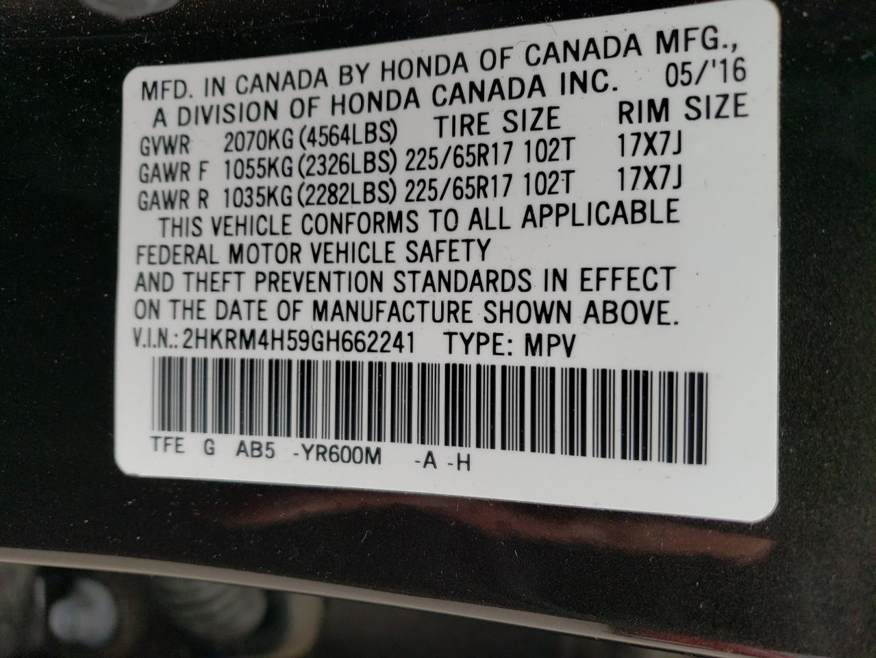 Photo 10 from auction – 2016 HONDA CR-V EX with VIN 2HKRM4H59GH662241