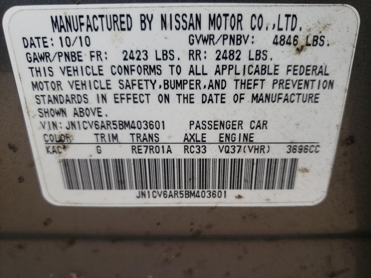 Photo 10 from auction – 2011 INFINITI G37 with VIN JN1CV6AR5BM403601