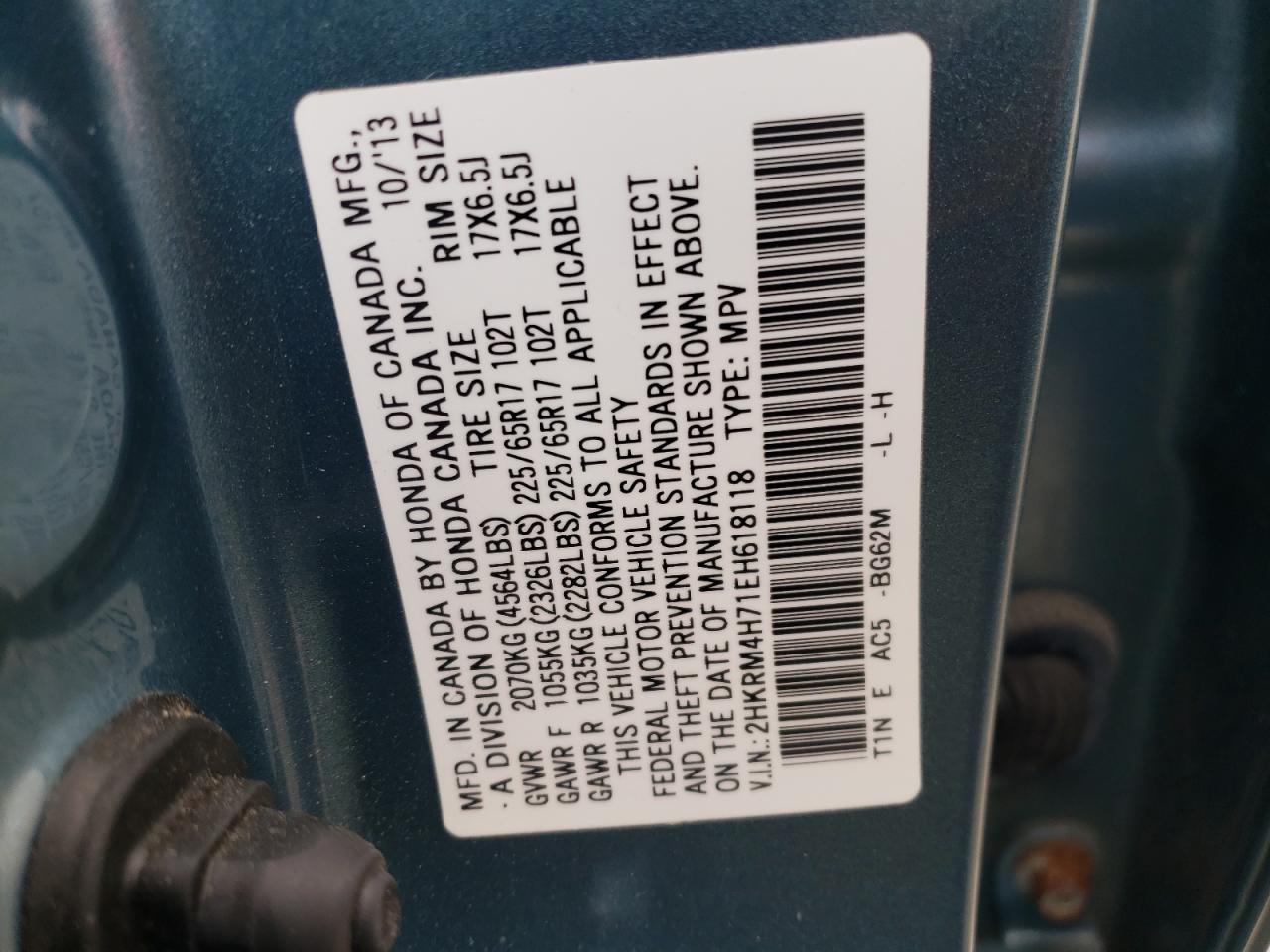 Photo 10 from auction – 2014 HONDA CR-V EXL with VIN 2HKRM4H71EH618118