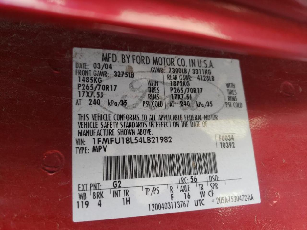 Photo 10 from auction – 2004 FORD EXPEDITION with VIN 1FMFU18L54LB21982
