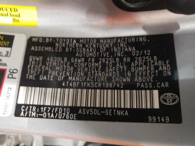 Photo 10 from auction – 2012 TOYOTA CAMRY BASE with VIN 4T4BF1FK5CR198742
