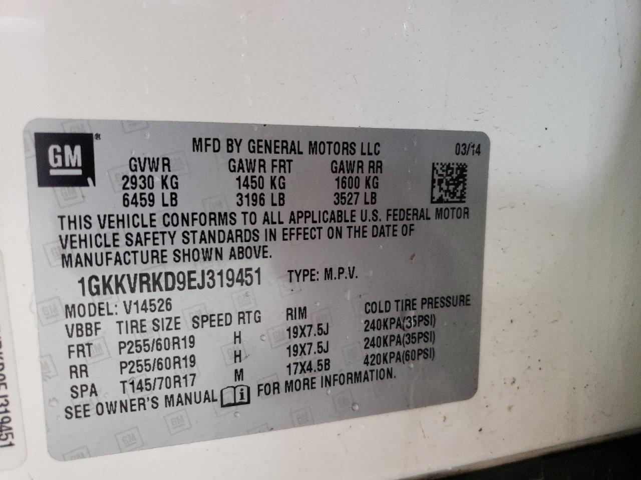Photo 10 from auction – 2014 GMC ACADIA SLT with VIN 1GKKVRKD9EJ319451