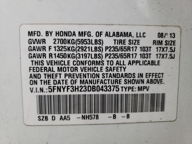 Photo 10 from auction – 2013 HONDA PILOT LX with VIN 5FNYF3H23DB043375