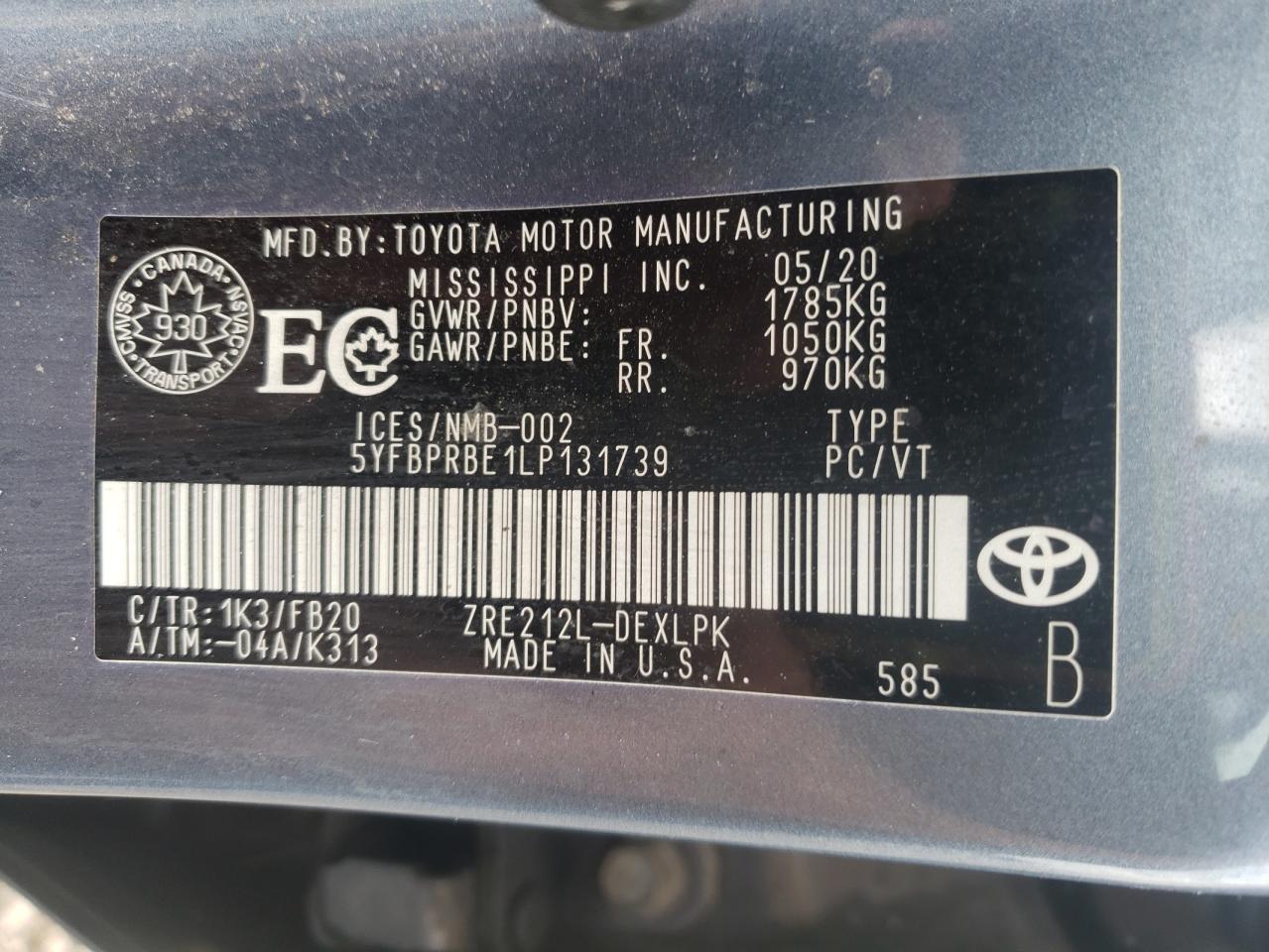 Photo 10 from auction – 2020 TOYOTA COROLLA LE with VIN 5YFBPRBE1LP131739