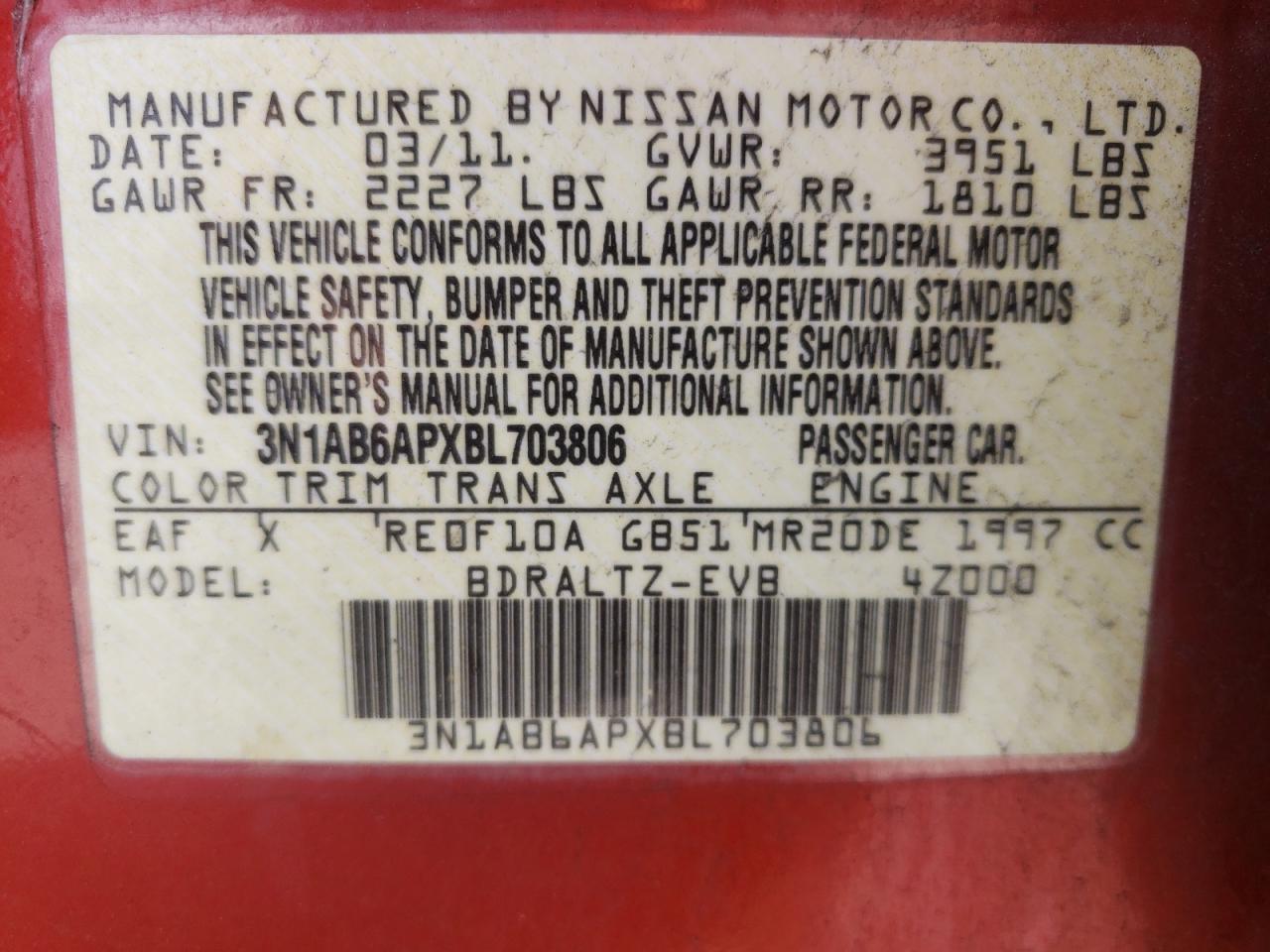 Photo 10 from auction – 2011 NISSAN SENTRA 2.0 with VIN 3N1AB6APXBL703806
