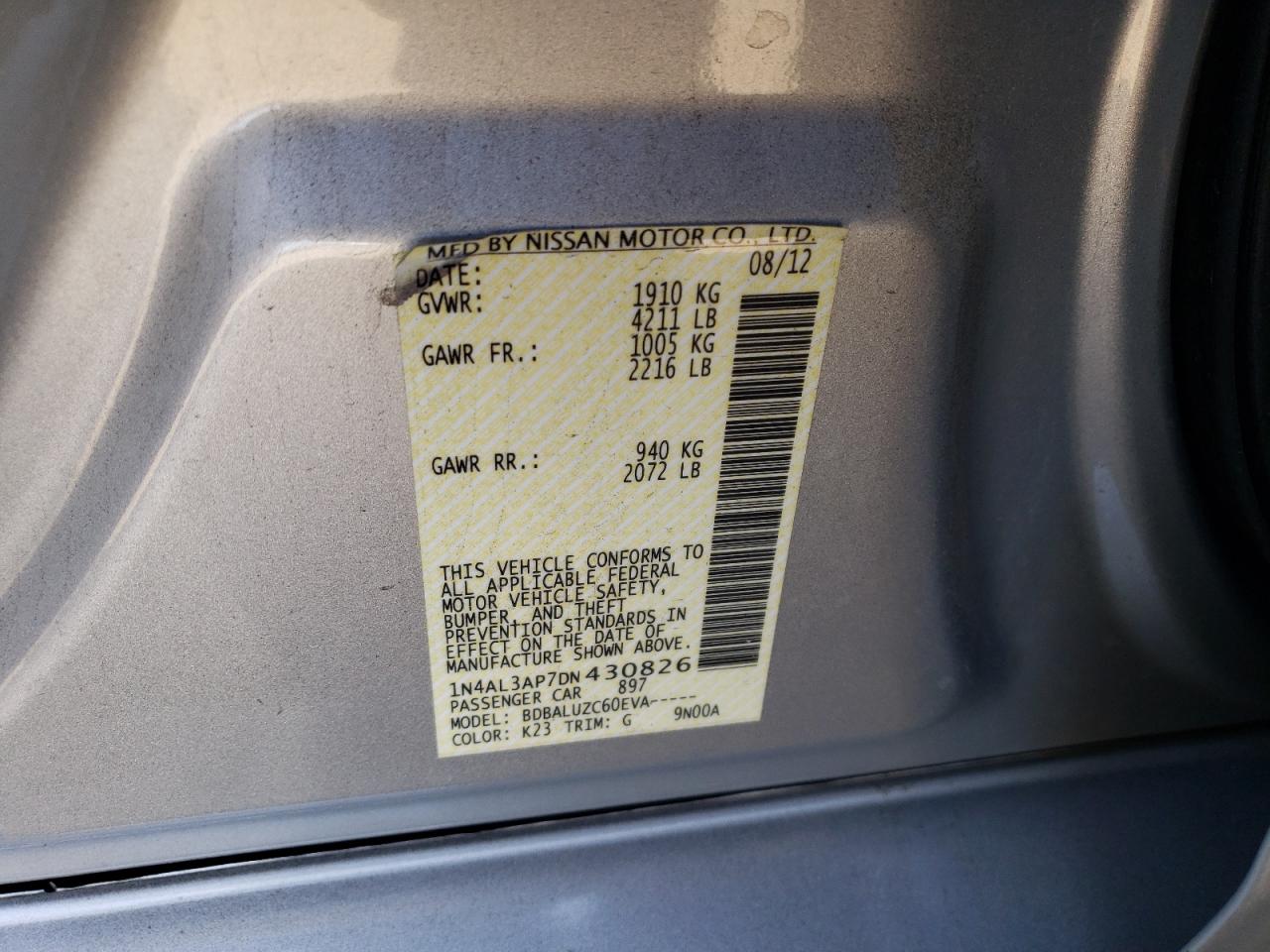 Photo 10 from auction – 2013 NISSAN ALTIMA 2.5 with VIN 1N4AL3AP7DN430826