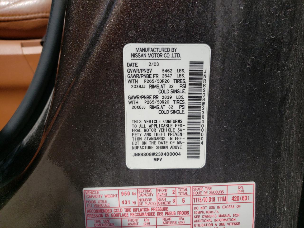 Photo 10 from auction – 2003 INFINITI FX45 with VIN JNRBS08W23X400004