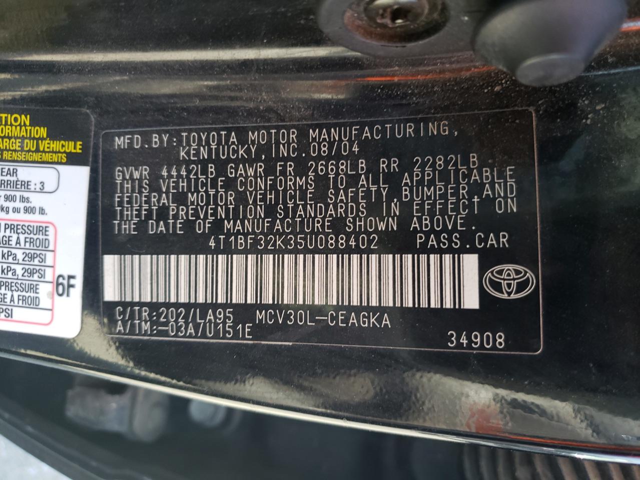 Photo 10 from auction – 2005 TOYOTA CAMRY LE with VIN 4T1BF32K35U088402