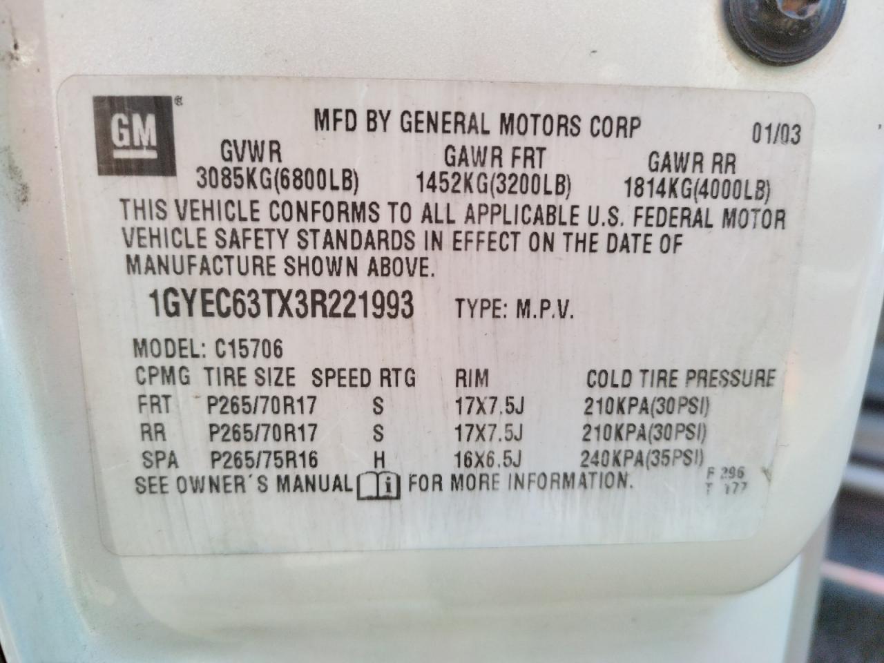 Photo 10 from auction – 2003 CADILLAC ESCALADE L with VIN 1GYEC63TX3R221993