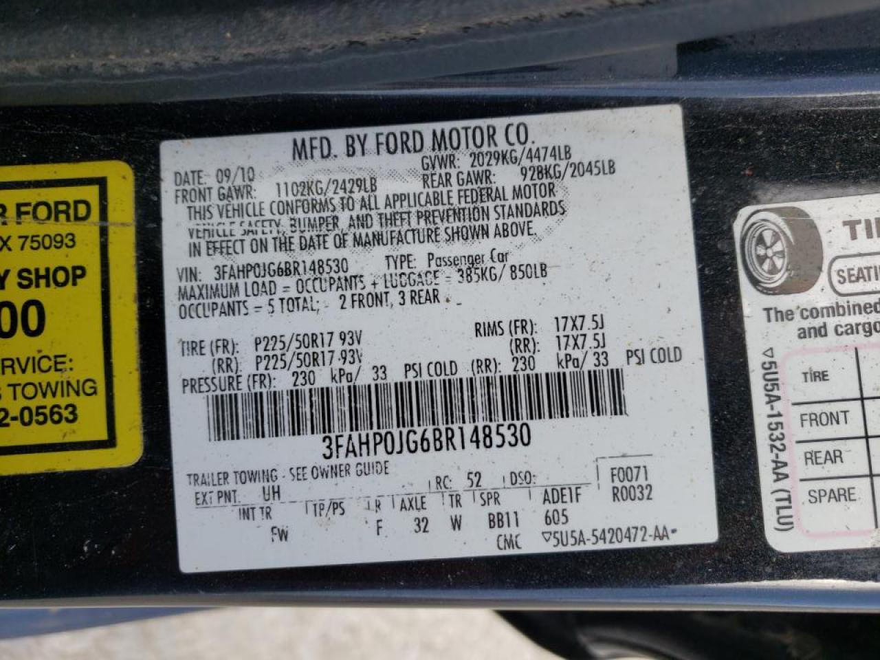 Photo 10 from auction – 2011 FORD FUSION SEL with VIN 3FAHP0JG6BR148530