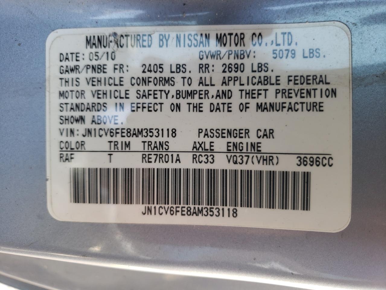 Photo 10 from auction – 2010 INFINITI G37 BASE with VIN JN1CV6FE8AM353118