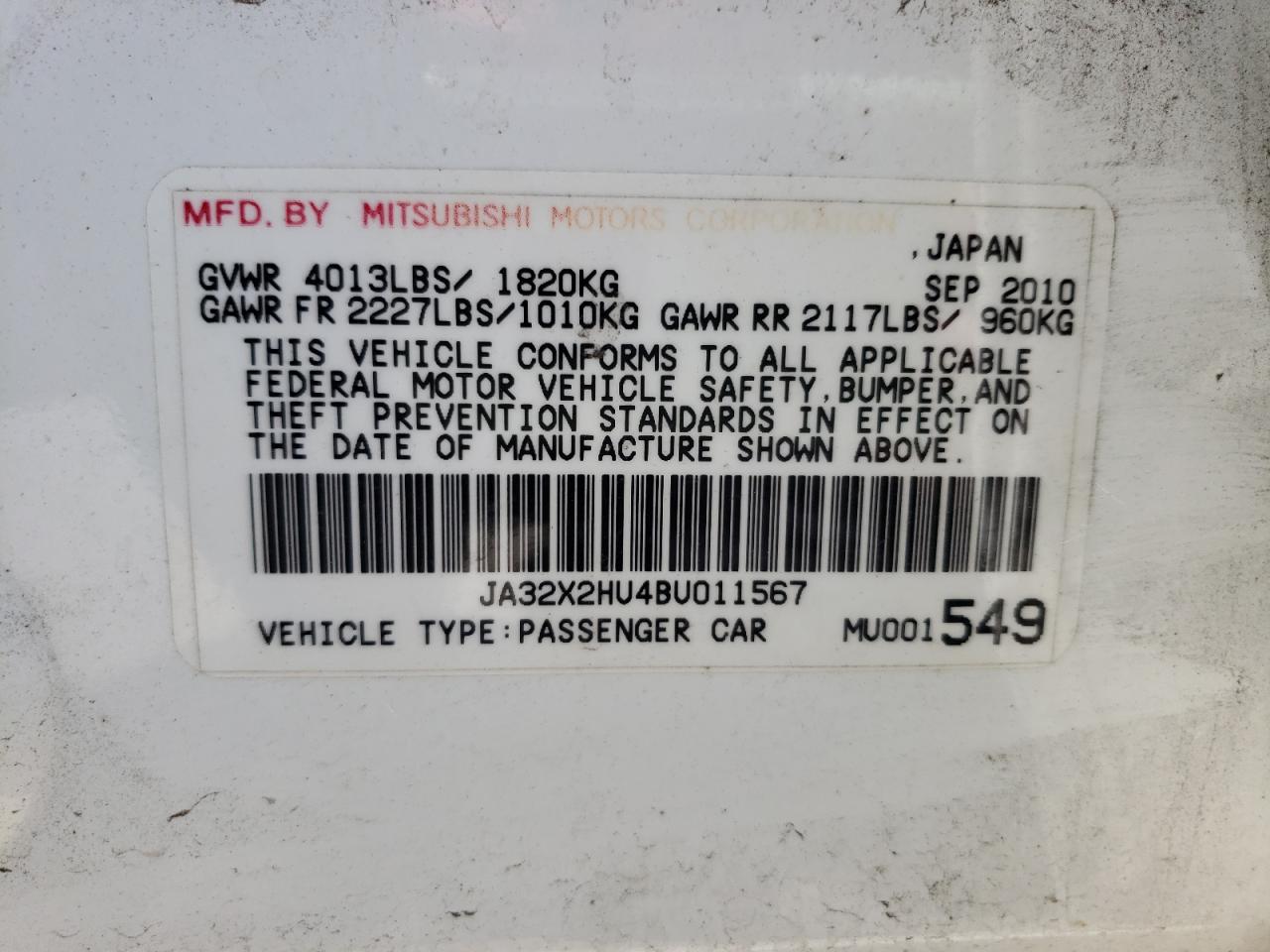 Photo 10 from auction – 2011 MITSUBISHI LANCER ES/ with VIN JA32X2HU4BU011567