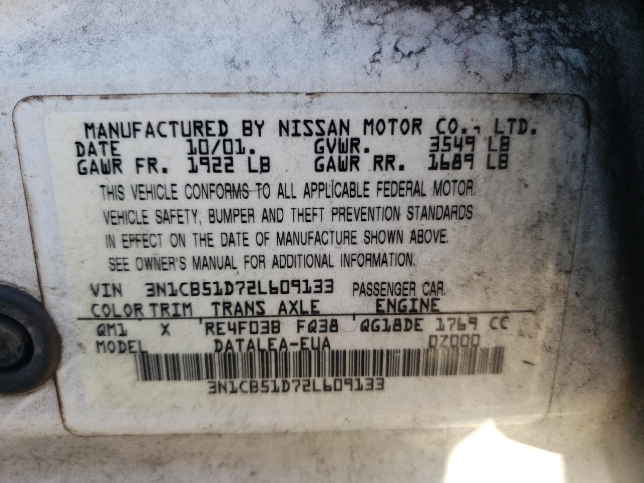 Photo 10 from auction – 2002 NISSAN SENTRA XE with VIN 3N1CB51D72L609133