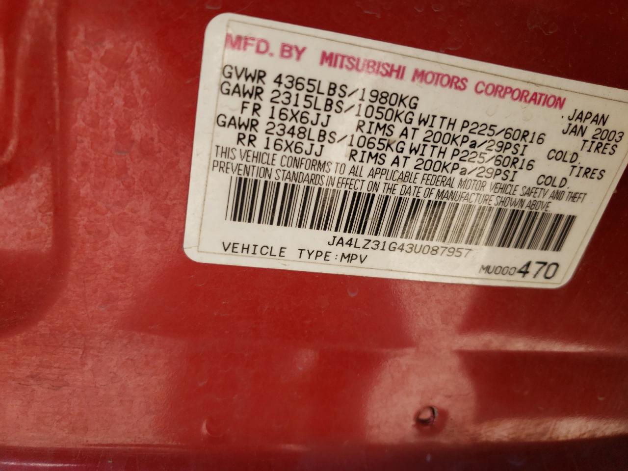 Photo 10 from auction – 2003 MITSUBISHI OUTLANDER with VIN JA4LZ31G43U087957