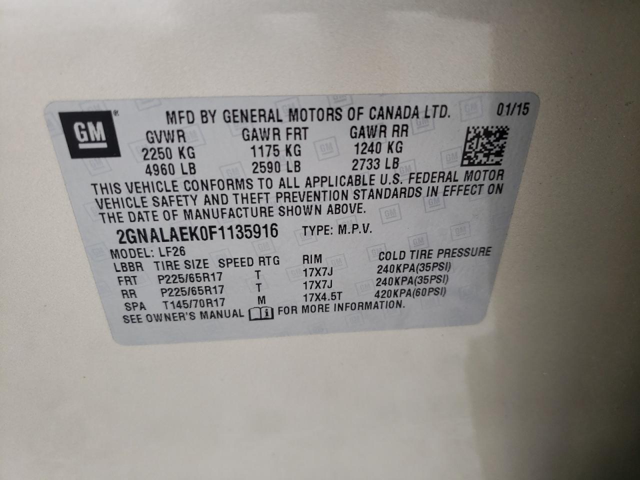 Photo 10 from auction – 2015 CHEVROLET EQUINOX with VIN 2GNALAEK0F1135916