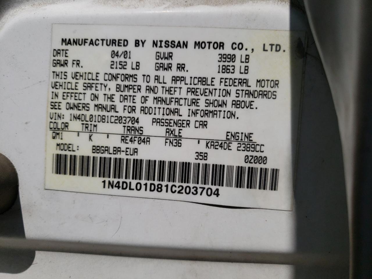 Photo 10 from auction – 2001 NISSAN ALTIMA XE with VIN 1N4DL01D81C203704