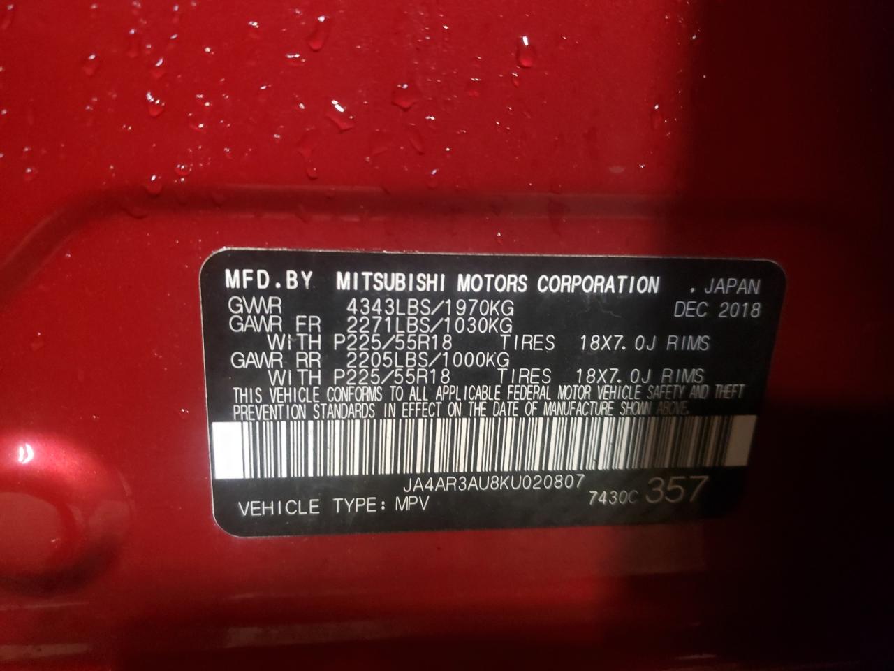 Photo 10 from auction – 2019 MITSUBISHI OUTLANDER with VIN JA4AR3AU8KU020807