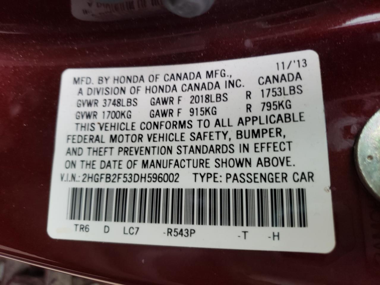 Photo 10 from auction – 2013 HONDA CIVIC LX with VIN 2HGFB2F53DH596002