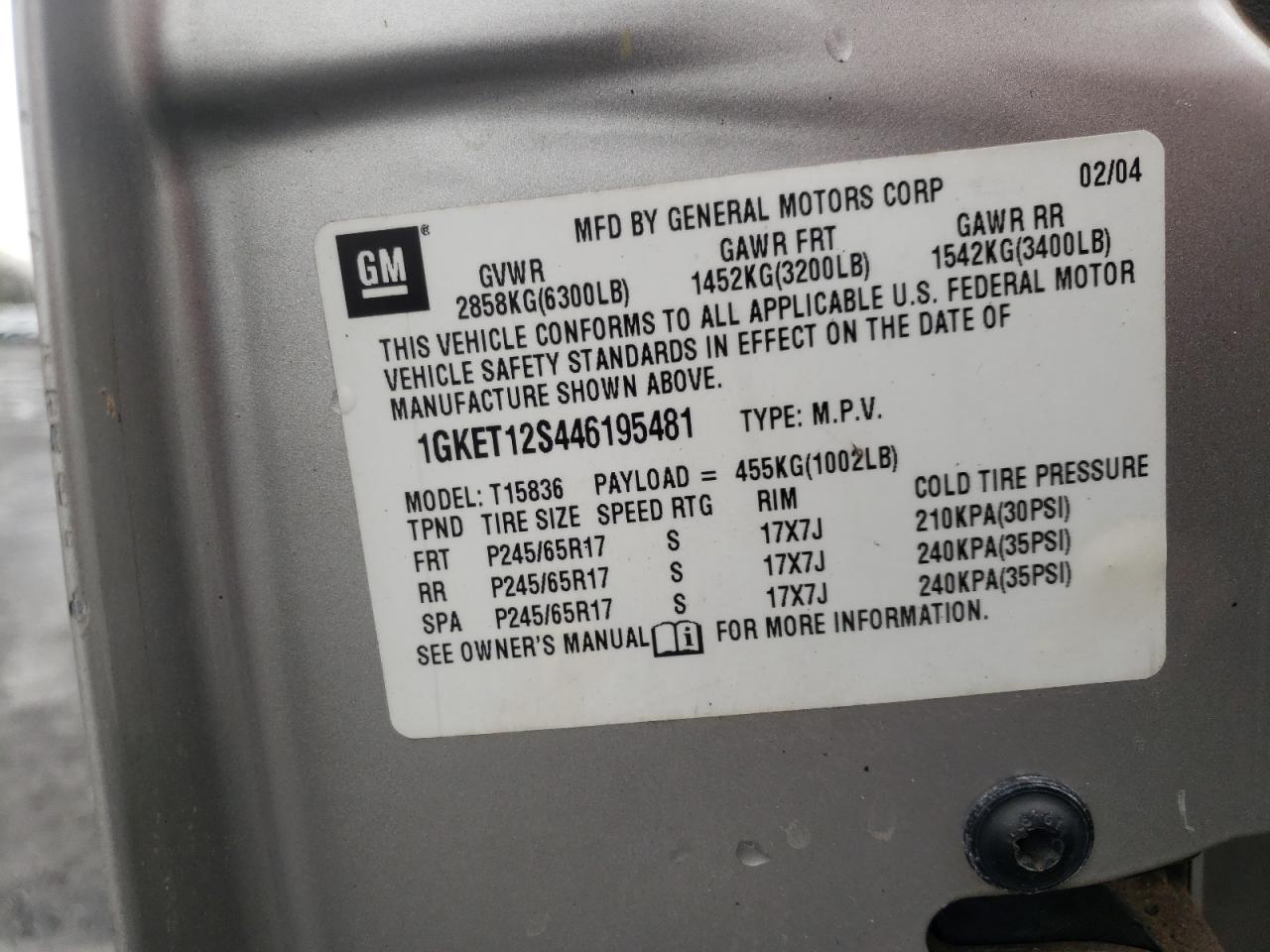Photo 10 from auction – 2004 GMC ENVOY XUV with VIN 1GKET12S446195481